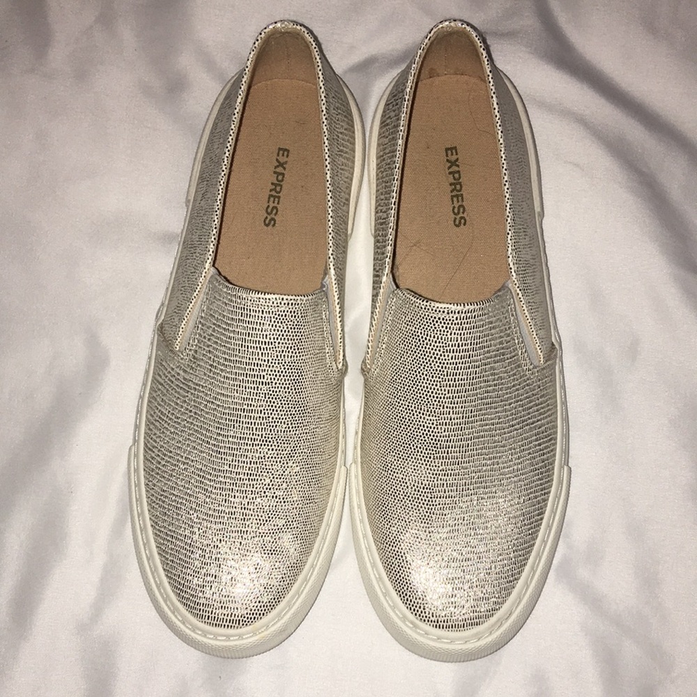 Express Women’s Slip-On Sneakers in Metallic Beige/ Golden 8